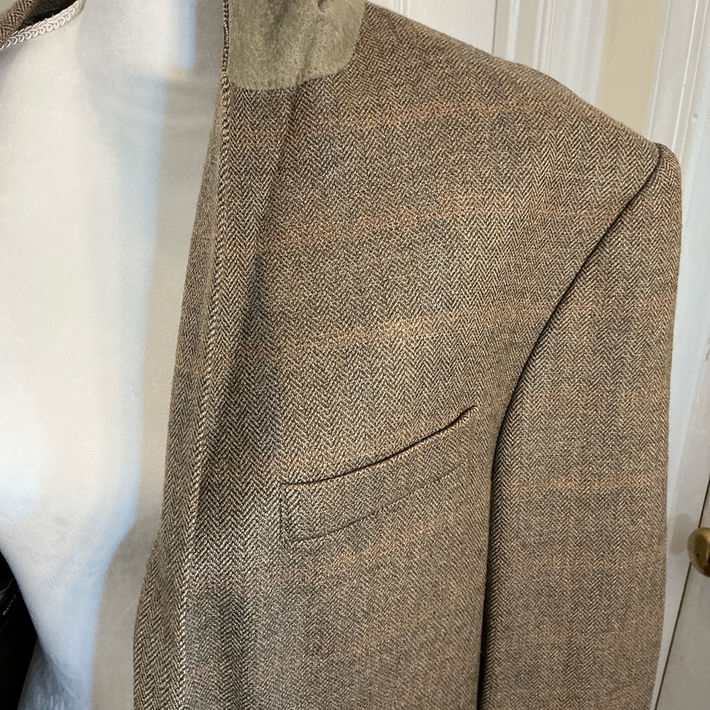 Oscar de la Renta Wool Herringbone Tweed Sport Coat Blazer Brown Tan ~42R - Picture 2 of 12